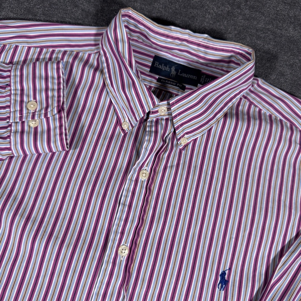 Ralph Lauren Button Down Shirt Mens XL Purple Striped Classic Fit Long Sleeve